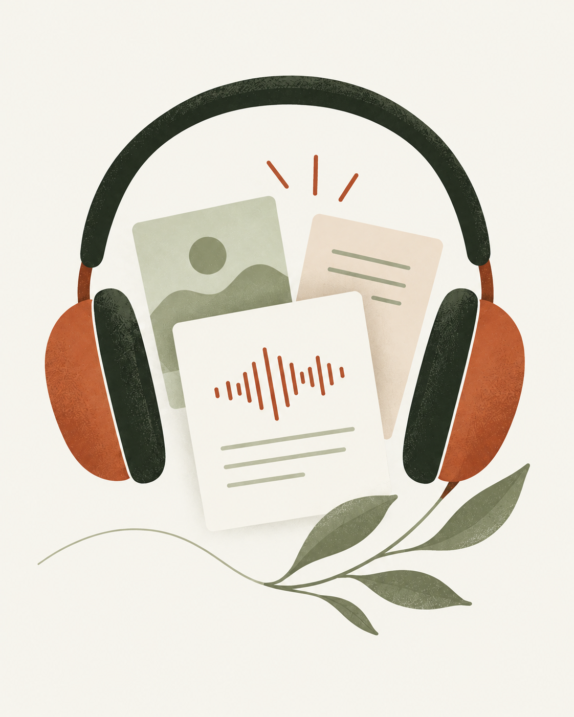 Forest-green and terracotta headphones surrounding cards of ideas, notes and a voice waveform, with a sage sprig below.